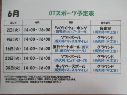 精神OT　6月のスポーツの予定が決まりました。