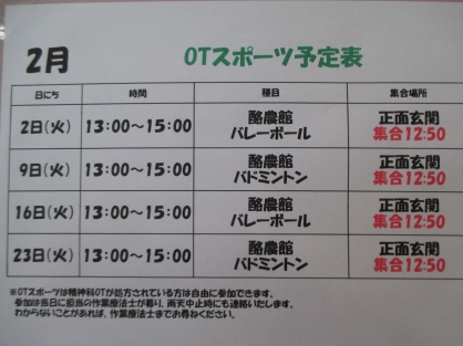 精神OT　2月の『スポーツ』予定表